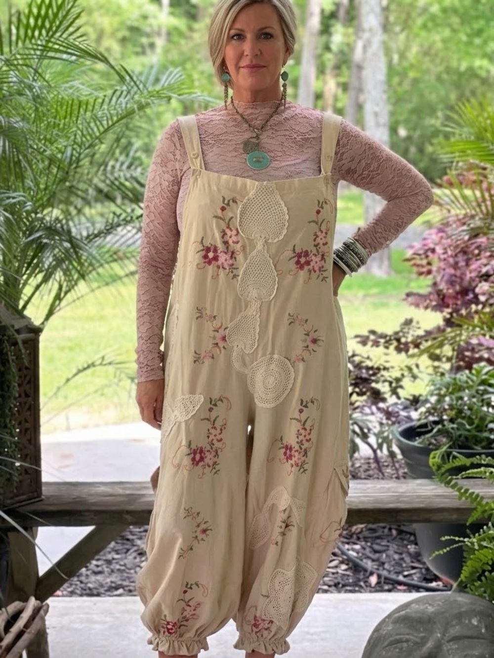 Jaded Gypsy Trellis Views Crochet Appliqué Jumpsuit Overalls